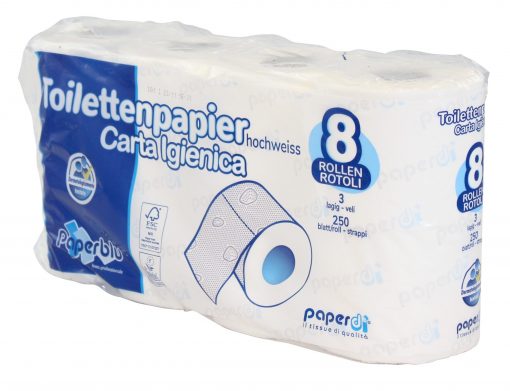 Toilettenpapier Paperdi, 3-lagig, hochweiß, Zellstoff, 250 Blatt, 8x8=64 Rollen (Art. 90631N-2) – Bild 2