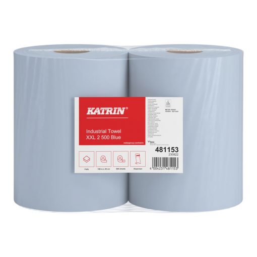 Putztuchrolle Katrin XXL, 500 Blatt, 2-lagig, blau, Zellstoff, 38x36 cm, 180 m, perforiert, 2 Rollen (Art. 30818)