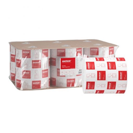 Handtuchrolle Katrin System M, 2-lagig, weiß, Recyclingpapier (RC), 21 cm breit, 160 m, unperforiert, 6 Rollen (Art. 90472)