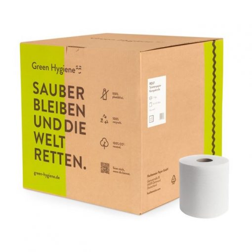 Toilettenpapier Green Hygiene ROLF, 2-lagig, hochweiß, Recyclingpapier (RC), 500 Blatt, Kompaktrolle, 36 Rollen (Art. 90637)