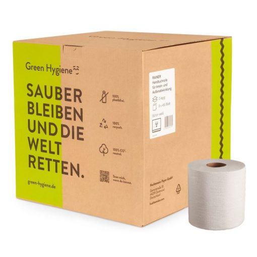 Handtuchrolle Green Hygiene RAINER, 2-lagig, hochweiß, Recyclingpapier (RC), 19,3x25 cm, 450 Blatt, 112,5 m, perforiert, 8 Rollen (Art. 90662)