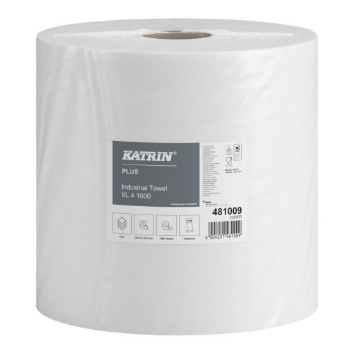 Putztuchrolle Katrin Plus XL, 1000 Blatt, 4-lagig, weiß, Zellstoff, 26,5x36 cm, 360 m, perforiert, 1 Rolle (Art. 30284)