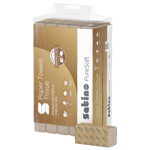Falthandtuch Satino PureSoft, 2-lagig, beige, Recyclingpapier (RC), 24x23cm, V-Falz, 4000 Tücher (Art. 90515)