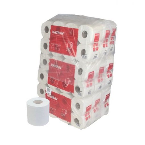 Toilettenpapier Katrin 250, 3-lagig, weiß, Recyclingpapier (RC), 250 Blatt, 9x8=72 Rollen (Art. 90631N)