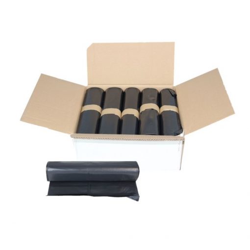 Müllsäcke, schwarz, 120 Liter, LDPE, 700×1100 mm, Typ 100, 66 µ, 10 Rollen a 15 Stück im Karton (Art. 91203-S)