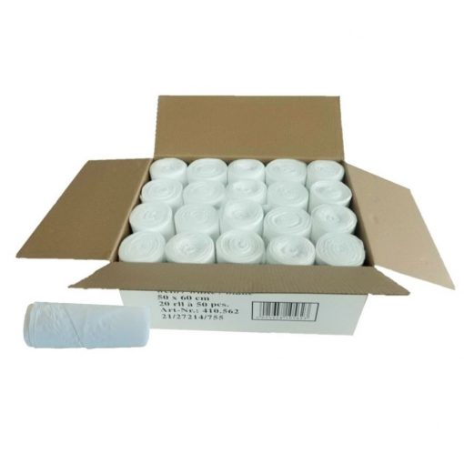 Abfallbeutel für Treteimer, weiß, 30 Liter, 500×600 mm, 10 µ, 20 Rollen a 50 Stück= 1000 Stück im Karton (Art. 91301)
