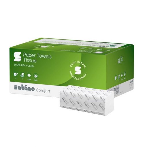 Falthandtuch Satino Comfort, 2-lagig, weiß, Recyclingpapier (RC), V-Falz, 25x23 cm, 3200 Tücher (Art. 90488)