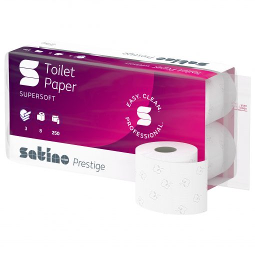 Toilettenpapier Satino Prestige, 3-lagig, hochweiß, Zellstoff-Mix, 250 Blatt, 8x8=64 Rollen (Art. 90642N-S)