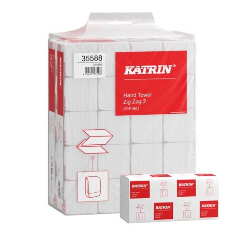 Falthandtuch Katrin Zick Zack, 2-lagig, weiß, Recyclingpapier (RC), V-Falz, 24,4x23 cm, 4000 Tücher (Art. 90496)