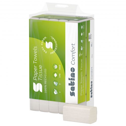 Falthandtuch Satino comfort, 2-lagig, hochweiß, Recyclingpapier (RC), N-Falz,  24x24 cm, 3750 Tücher (Art. 90563-1)