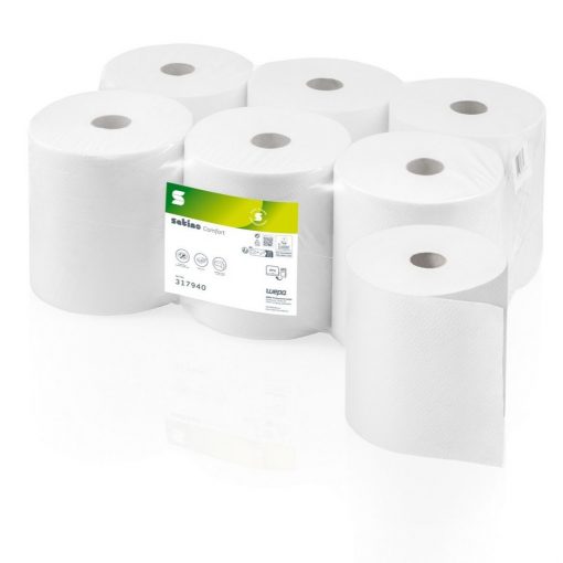 Handtuchrolle Satino Comfort System, PT1, hochweiß, 2-lagig, Recyclingpapier (RC), 20,5 cm, 150 m, unperforiert, 6 Rollen (Art. 90460-S)