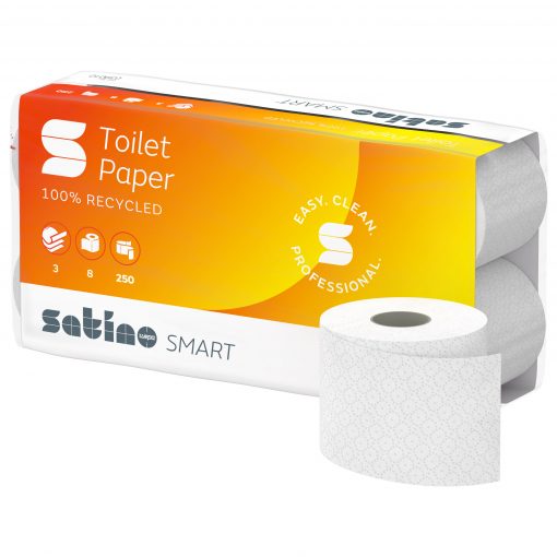 Toilettenpapier Satino Smart, 3-lagig, hochweiß, Recyclingpapier (RC), 250 Blatt, 8x8=64 Rollen (Art. 90631N-1-S)
