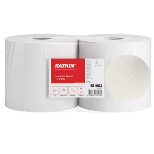 Putztuchrolle Katrin L, 1500 Blatt, 2-lagig, weiß, Recyclingpapier (RC), 22x36 cm, 540 m, perforiert, 2 Rollen (Art. 30232)