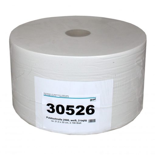 Putztuchrolle Brod 2500, 2191 Blatt, 2-lagig, weiß, Recyclingpapier (RC),  21,5x35 cm, perforiert, 767 m, perforiert, Rolle (Art. 30526)
