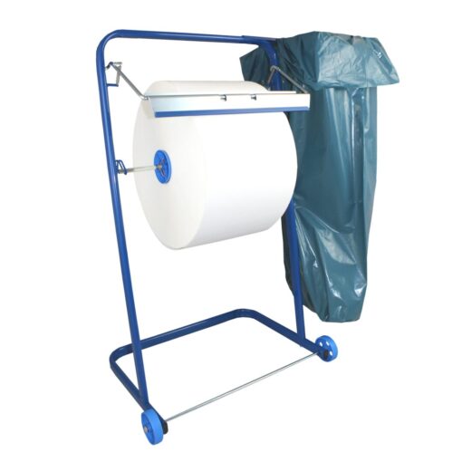 Bodenständer für Putztuchrollen bis 40 cm Breite, fahrbar, mit Abfallsackhalterung, Metall, blau (Art. 30971) – Bild 3
