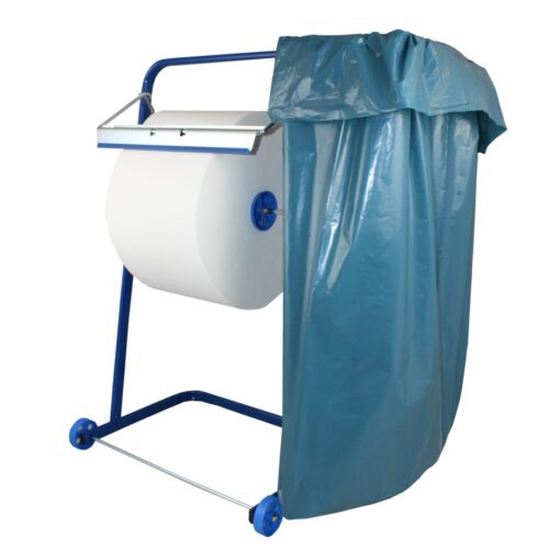 Bodenständer für Putztuchrollen bis 40 cm Breite, fahrbar, mit Abfallsackhalterung, Metall, blau (Art. 30971)