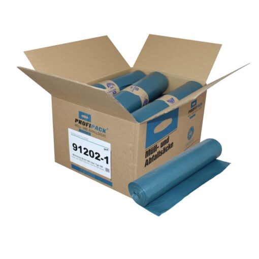 Müllsäcke Brod, blau, 120 Liter, LDPE-REG, 700×1100 mm, Typ 100, 54 µ, 10 Rollen a 15 Stück im Karton (Art. 91202-1)