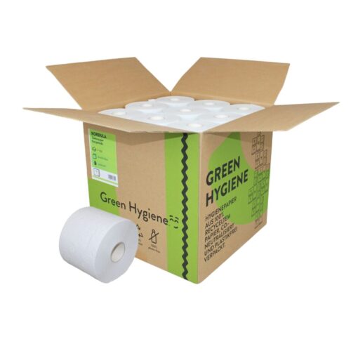 Toilettenpapier Green Hygiene KORDULA, 3-lagig, hochweiß, Recyclingpapier (RC), 400 Blatt, Kompaktrolle, 36 Rollen (Art. 90639)