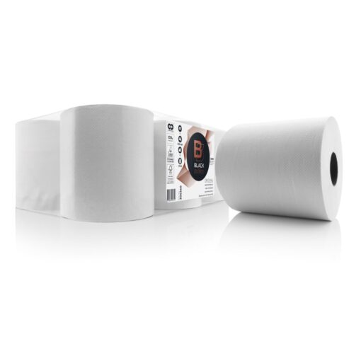 Midi Putztuchrolle Centerfeed Wepa Satino Black, 811 Blatt, 1-lagig, weiß, Recyclingpapier (RC), 19,3x37 cm, 300 m, perforiert, 6 Rollen (Art. 30401)