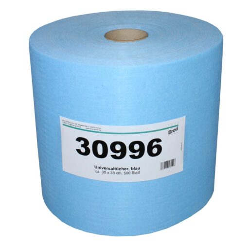 Spezialwischtuchrolle, Universaltücher mit Textilcharakter, 500 Blatt, glatte Oberflächenstruktur, blau, 30x38 cm, Viskose/Polyester, 1 Rolle (Art. 30996)