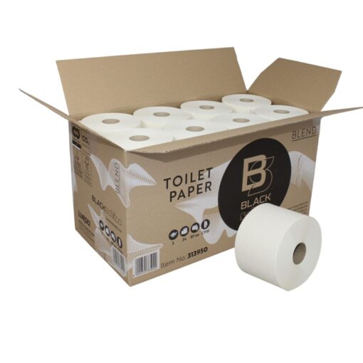 Toilettenpapier BlackSatino Blend, 2-lagig, weiß, Recyclingpapier (RC), 801 Blatt, Kompaktrolle, 24 Rollen (Art. 90632-1)