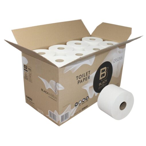 Toilettenpapier BlackSatino, 2-lagig, weiß, Recyclingpapier (RC), 712 Blatt, Kompaktrolle, 24 Rollen (Art. 90632)