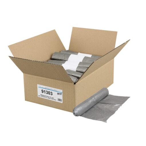 Müllbeutel Brod, grau, für Kosmetikeimer, 15 Liter, 220×170x500 mm, 6 µ, 20 Rollen a 50 Stück= 1000 Stück im Karton (Art. 91303)