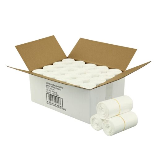 Abfallbeutel für Treteimer, weiß, 30 Liter, 500×600 mm, 10 µ, 20 Rollen a 50 Stück= 1000 Stück im Karton (Art. 91301)