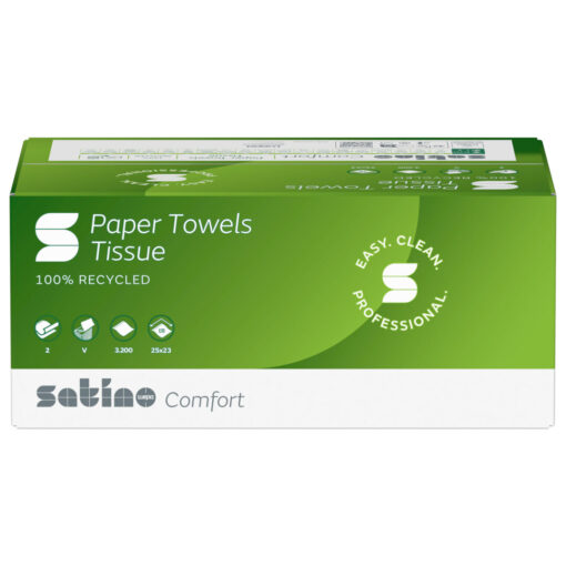 Falthandtuch Satino Comfort, 2-lagig, weiß, Recyclingpapier (RC), V-Falz, 25x23 cm, 3200 Tücher (Art. 90488) – Bild 3