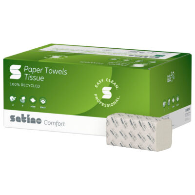 Falthandtuch Satino Comfort, 2-lagig, weiß, Recyclingpapier (RC), V-Falz, 25x23 cm, 3200 Tücher (Art. 90488)