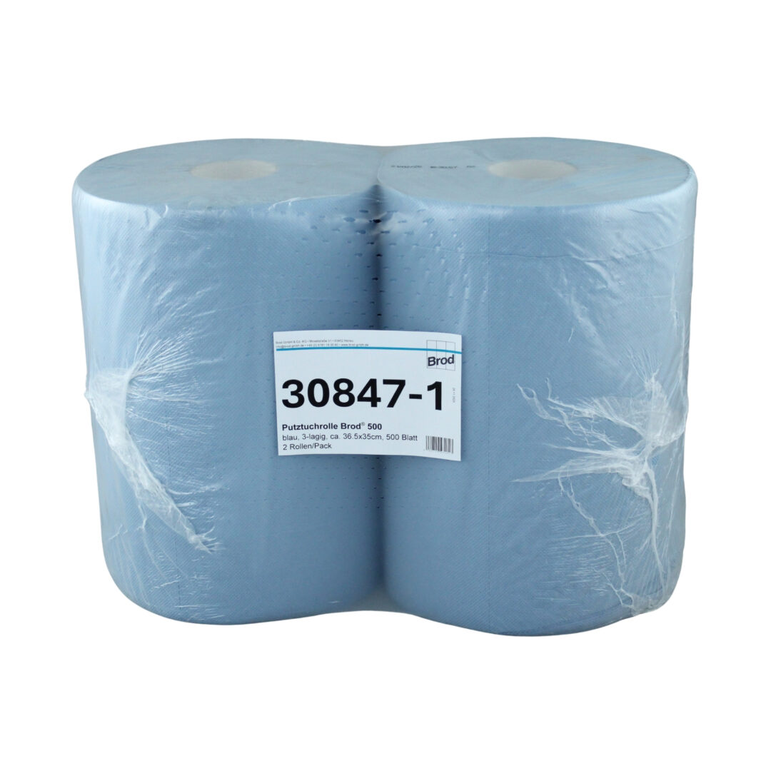 Putztuchrolle Brod, 500 Blatt, 3-lagig, blau, Recycling, 36,5x35 cm, 175 m, perforiert, 2 Rollen (Art. 30847-1)