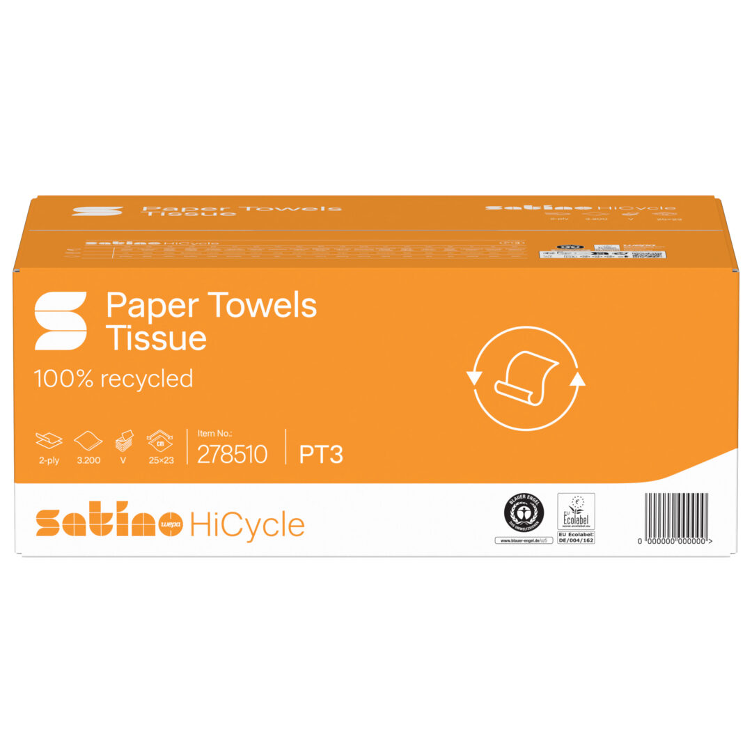 Falthandtuch Satino HiCycle, 2-lagig, weiß, Recyclingpapier, V-Falz, 25x23 cm, 3200 Tücher – Bild 2